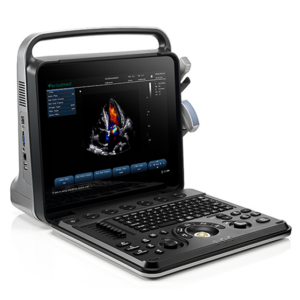 Alternative view of Premium 4D portable colour doppler. 2 Probe connectors, 2 screen with convex probe. Revo9
